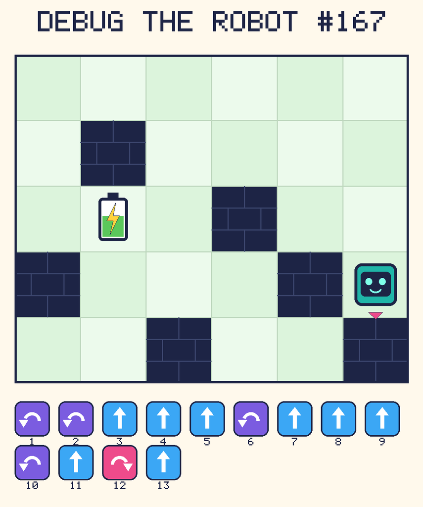 Debug the Robot 167. Beep starts at column 6, row 4, facing down. The battery is at column 2, row 3. Grid squares are counted from the top-left corner. Dark brick squares are walls.