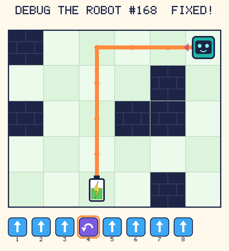 The fixed program, with Beep's route to the battery drawn as an orange line.
