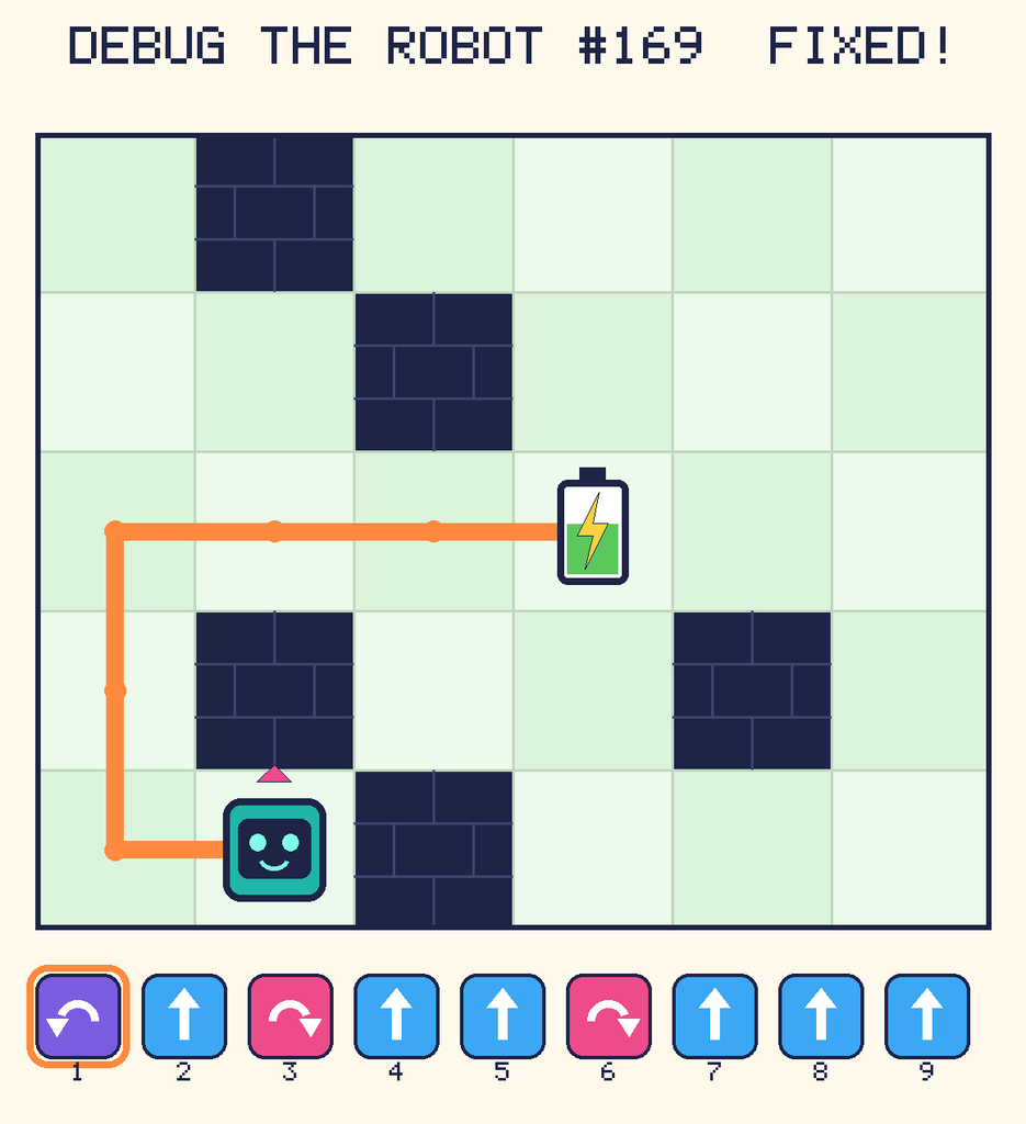The fixed program, with Beep's route to the battery drawn as an orange line.