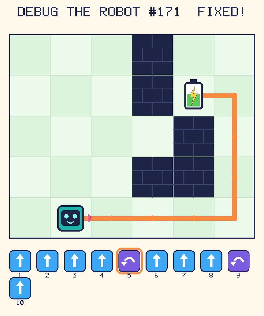 The fixed program, with Beep's route to the battery drawn as an orange line.