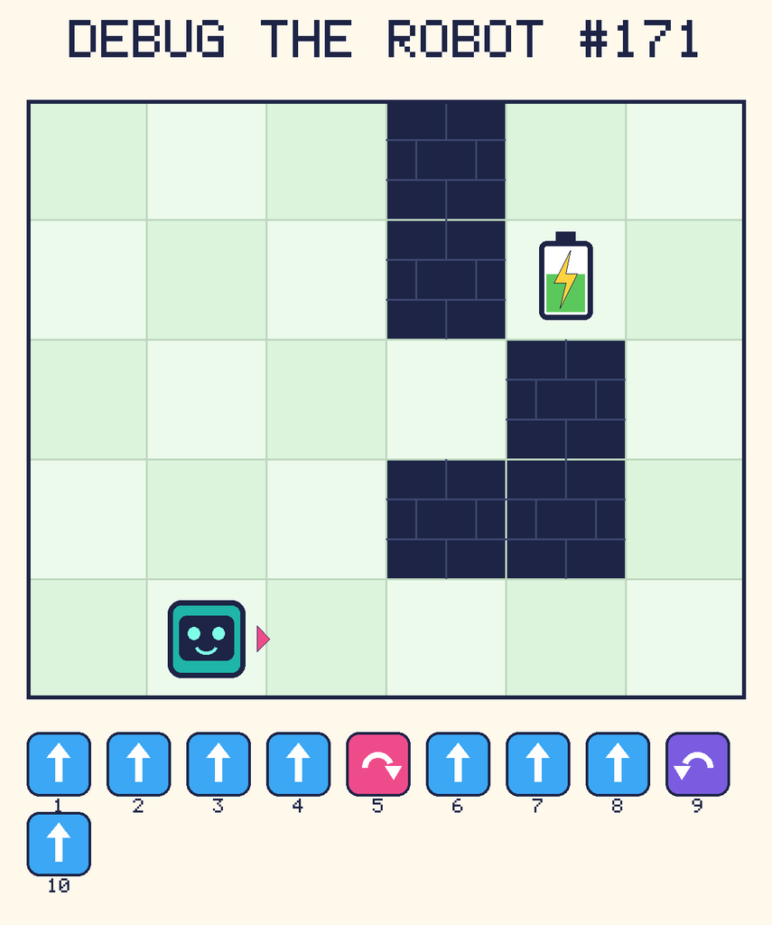 Debug the Robot 171. Beep starts at column 2, row 5, facing right. The battery is at column 5, row 2. Grid squares are counted from the top-left corner. Dark brick squares are walls.