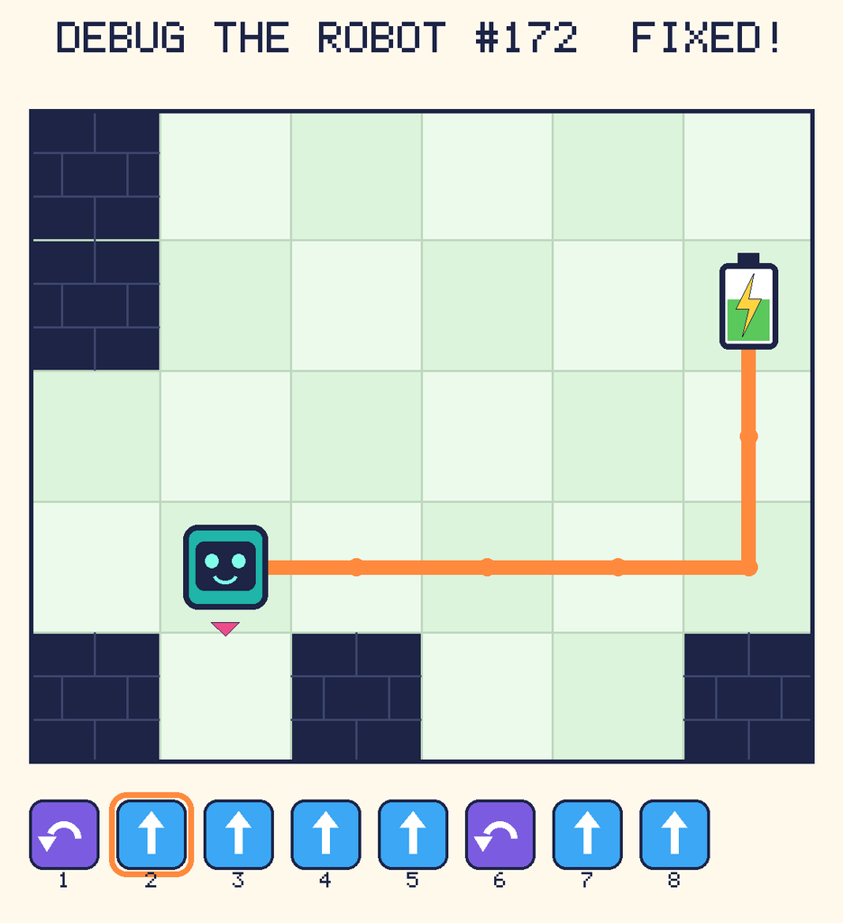 The fixed program, with Beep's route to the battery drawn as an orange line.