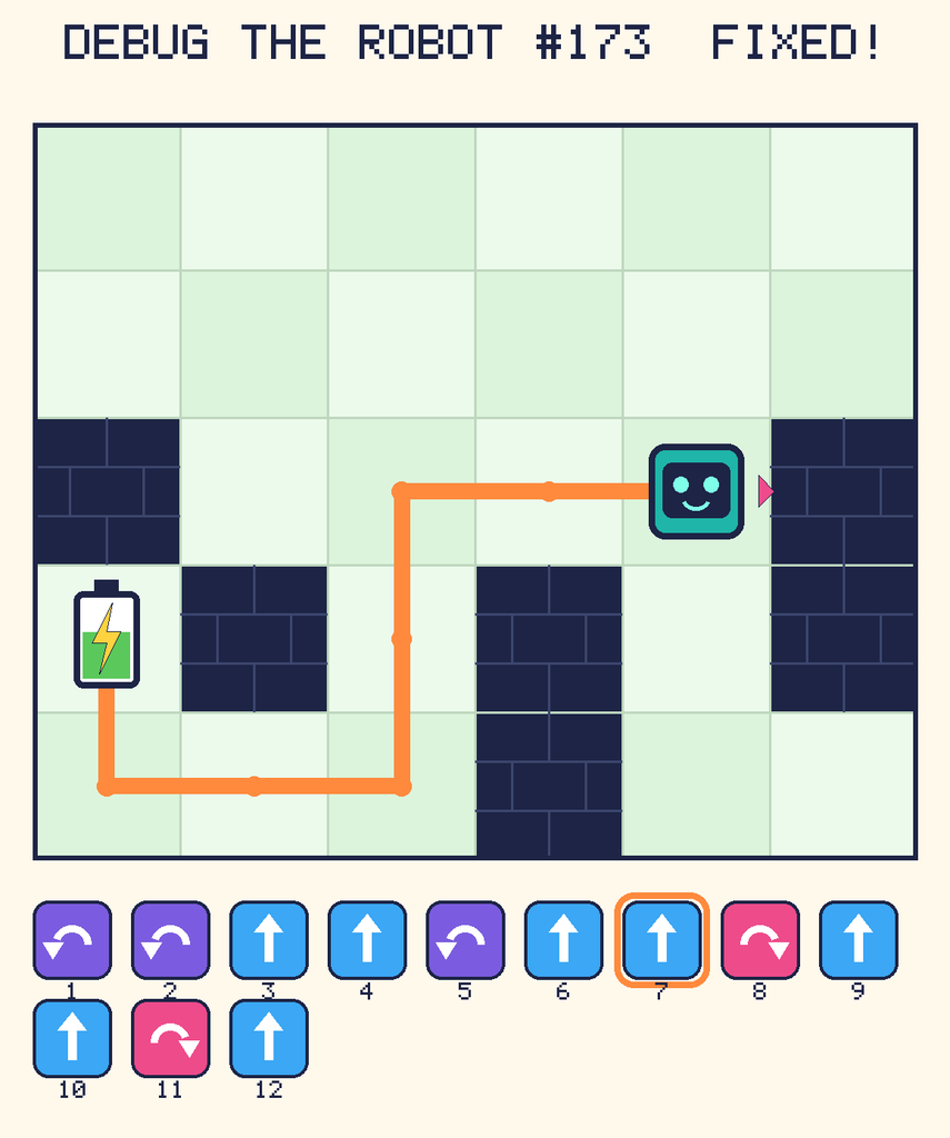 The fixed program, with Beep's route to the battery drawn as an orange line.