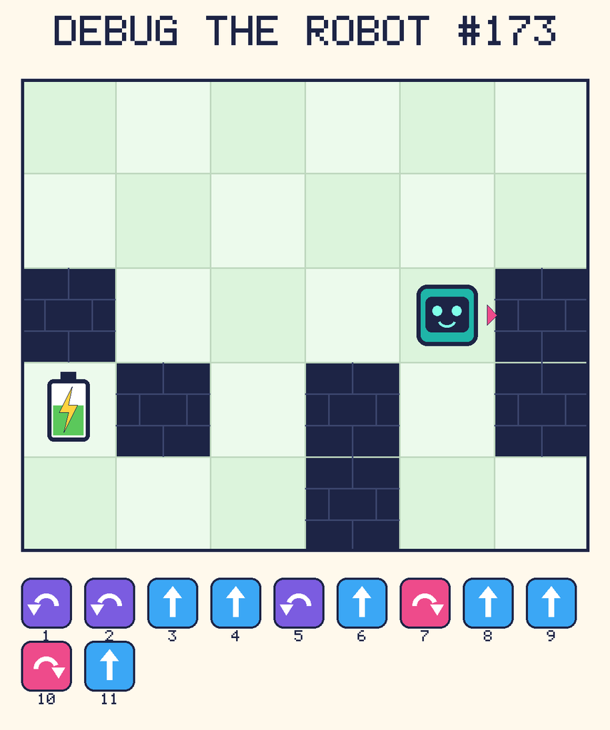 Debug the Robot 173. Beep starts at column 5, row 3, facing right. The battery is at column 1, row 4. Grid squares are counted from the top-left corner. Dark brick squares are walls.