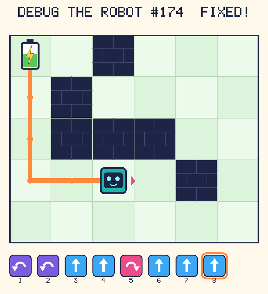 The fixed program, with Beep's route to the battery drawn as an orange line.