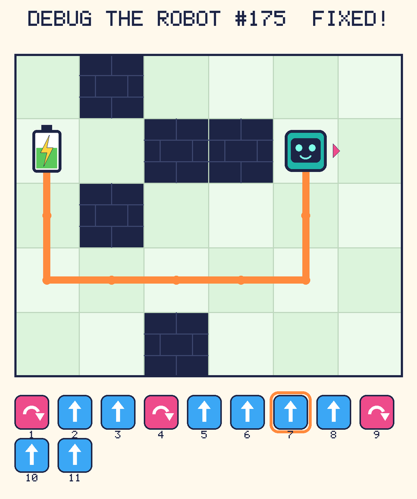 The fixed program, with Beep's route to the battery drawn as an orange line.