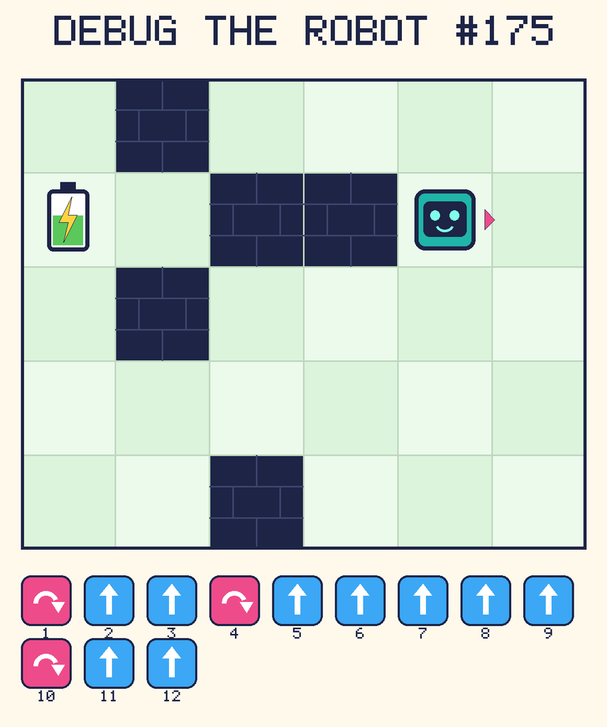 Debug the Robot 175. Beep starts at column 5, row 2, facing right. The battery is at column 1, row 2. Grid squares are counted from the top-left corner. Dark brick squares are walls.