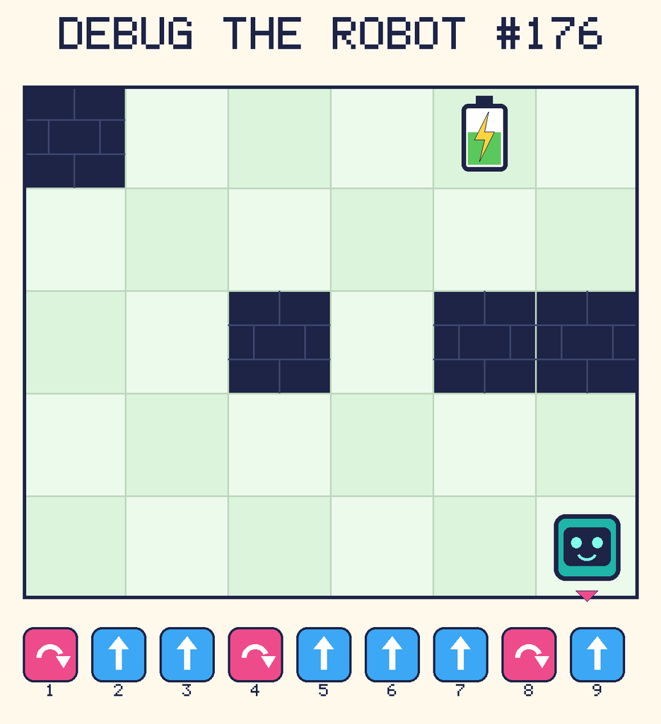 Debug the Robot 176. Beep starts at column 6, row 5, facing down. The battery is at column 5, row 1. Grid squares are counted from the top-left corner. Dark brick squares are walls.