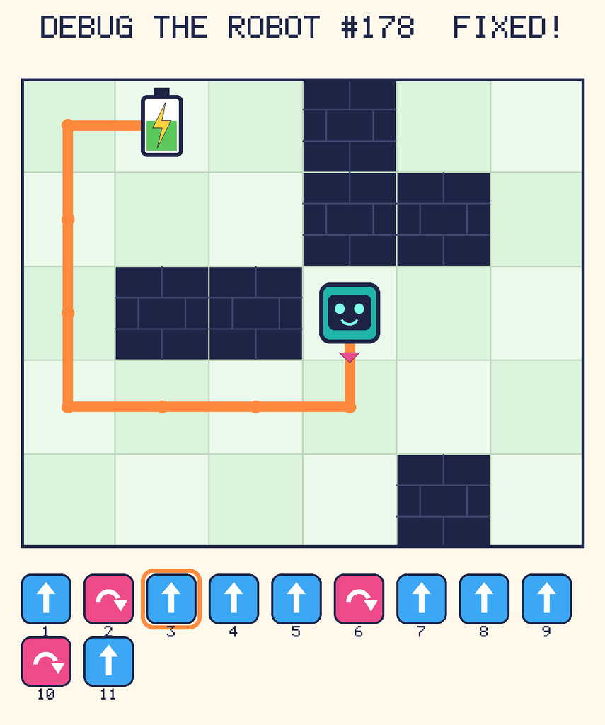 The fixed program, with Beep's route to the battery drawn as an orange line.