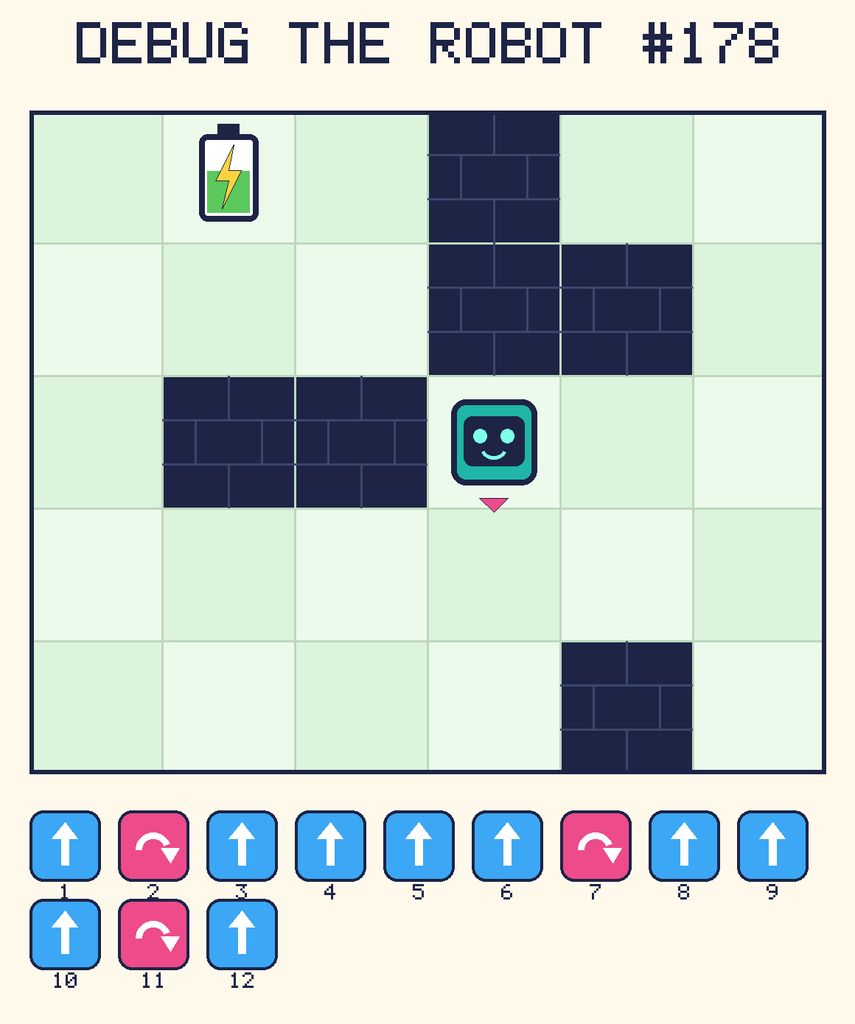 Debug the Robot 178. Beep starts at column 4, row 3, facing down. The battery is at column 2, row 1. Grid squares are counted from the top-left corner. Dark brick squares are walls.