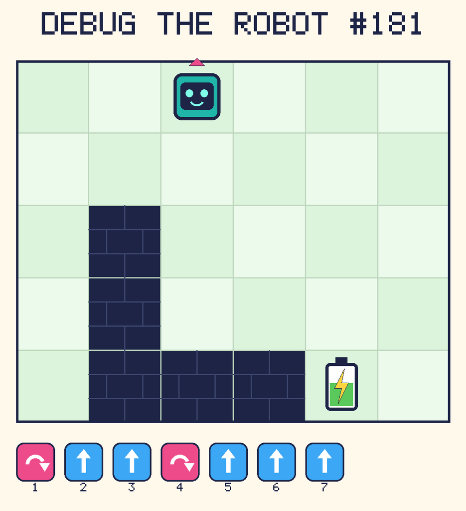Debug the Robot 181. Beep starts at column 3, row 1, facing up. The battery is at column 5, row 5. Grid squares are counted from the top-left corner. Dark brick squares are walls.