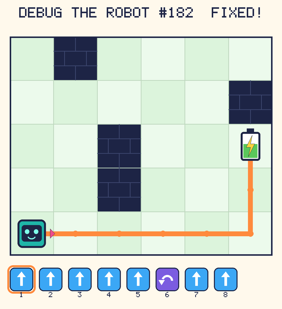 The fixed program, with Beep's route to the battery drawn as an orange line.