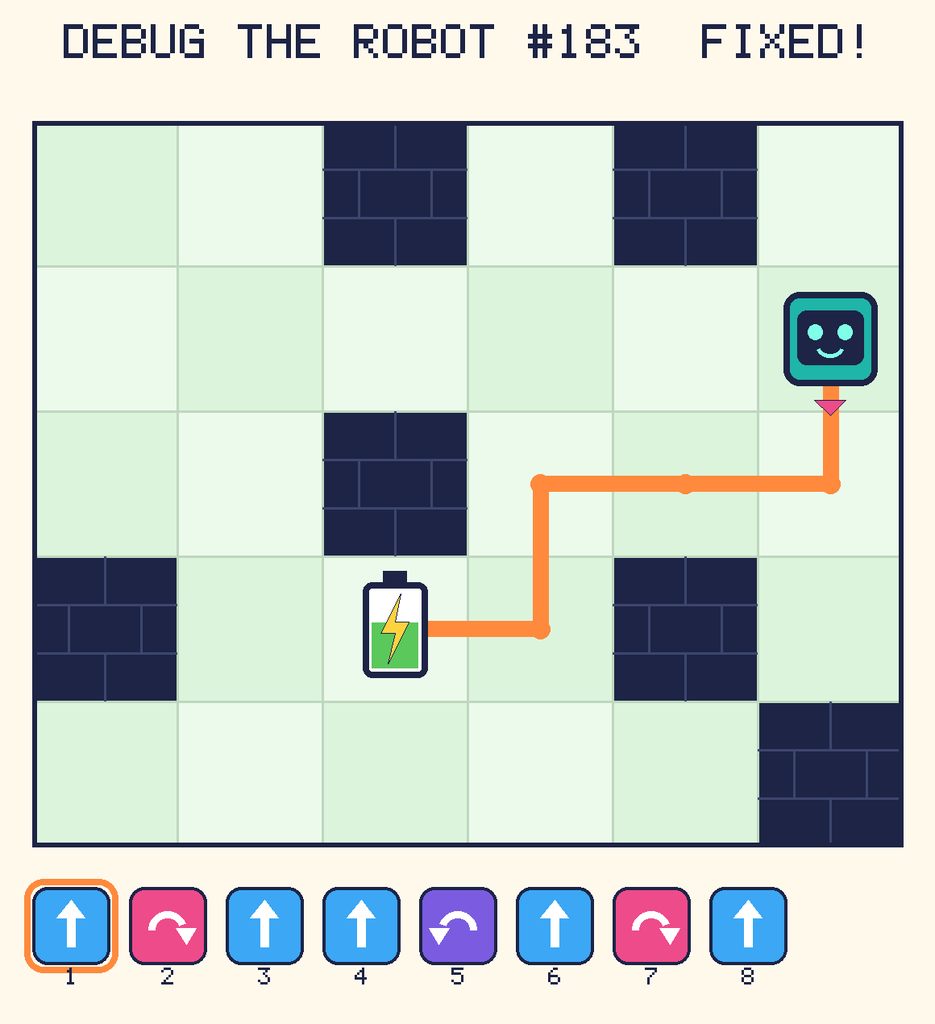 The fixed program, with Beep's route to the battery drawn as an orange line.