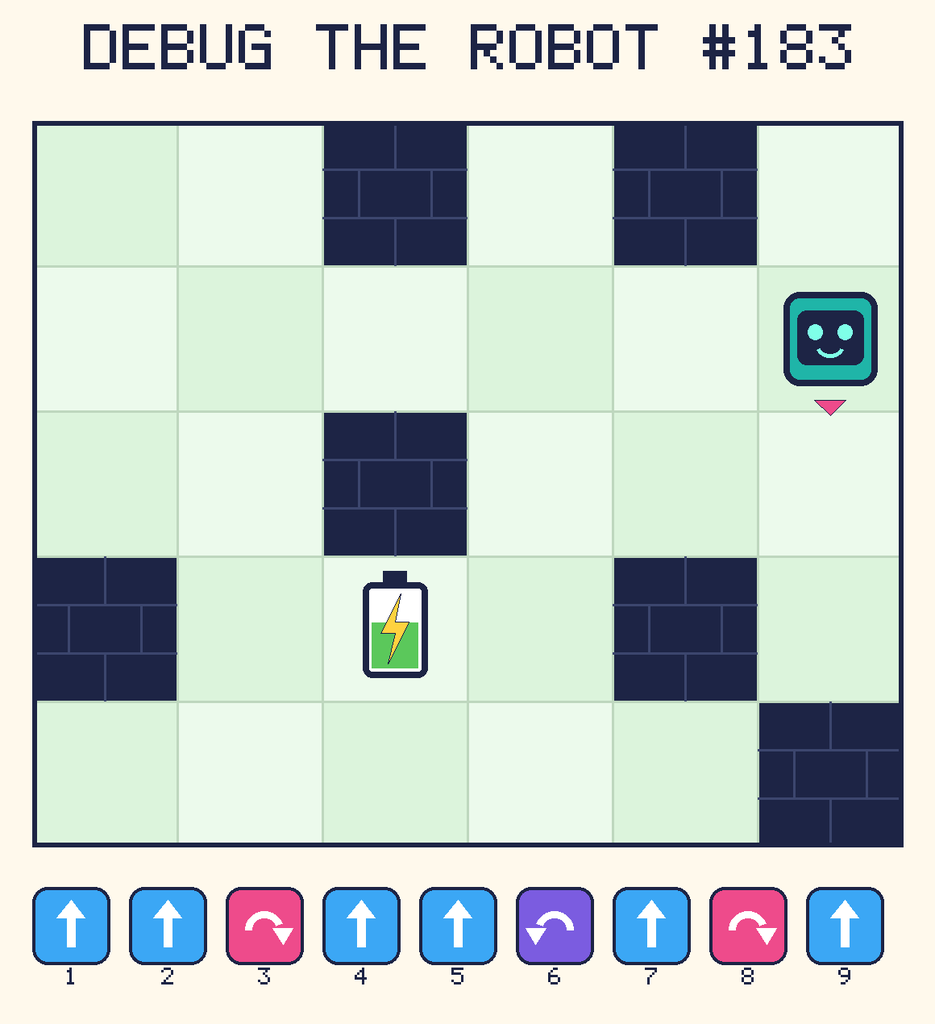Debug the Robot 183. Beep starts at column 6, row 2, facing down. The battery is at column 3, row 4. Grid squares are counted from the top-left corner. Dark brick squares are walls.
