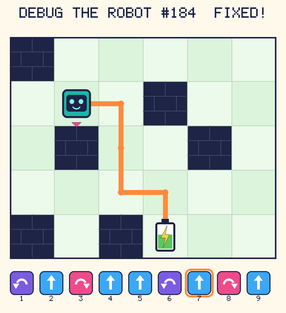 The fixed program, with Beep's route to the battery drawn as an orange line.