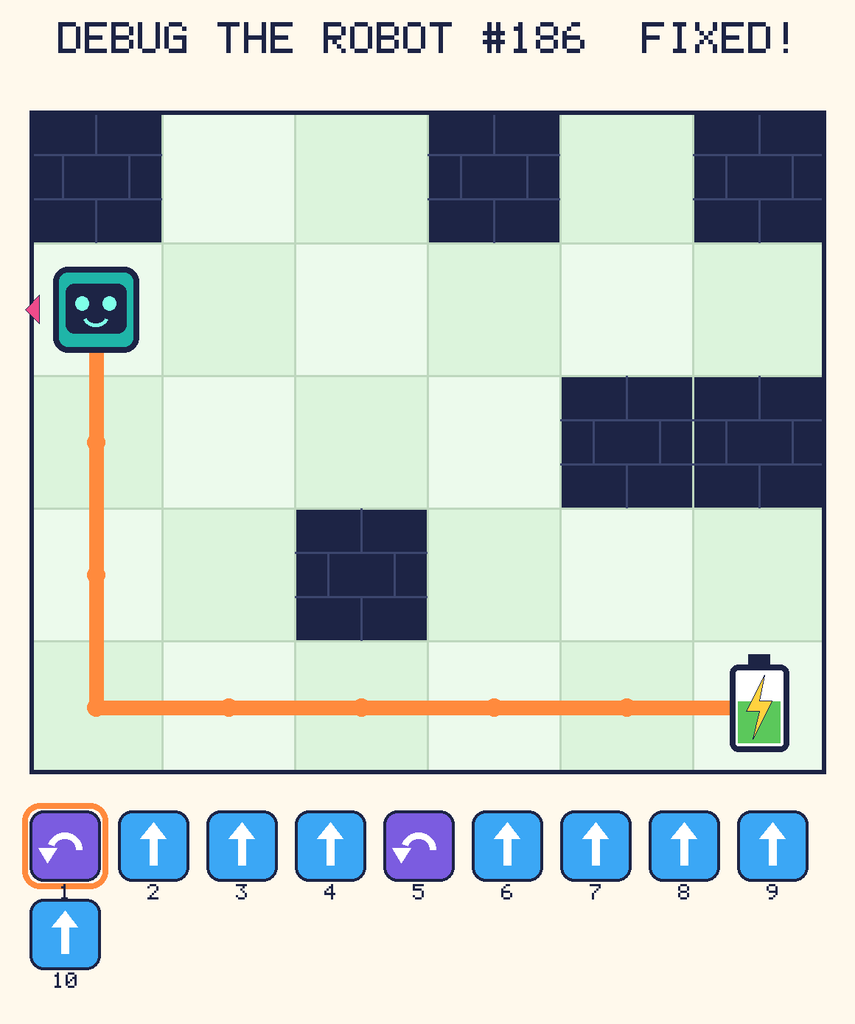 The fixed program, with Beep's route to the battery drawn as an orange line.