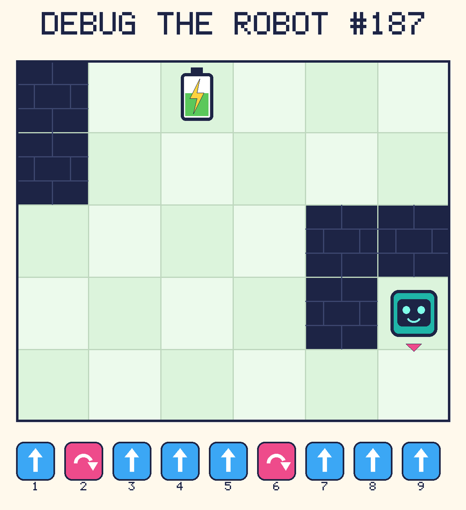 Debug the Robot 187. Beep starts at column 6, row 4, facing down. The battery is at column 3, row 1. Grid squares are counted from the top-left corner. Dark brick squares are walls.