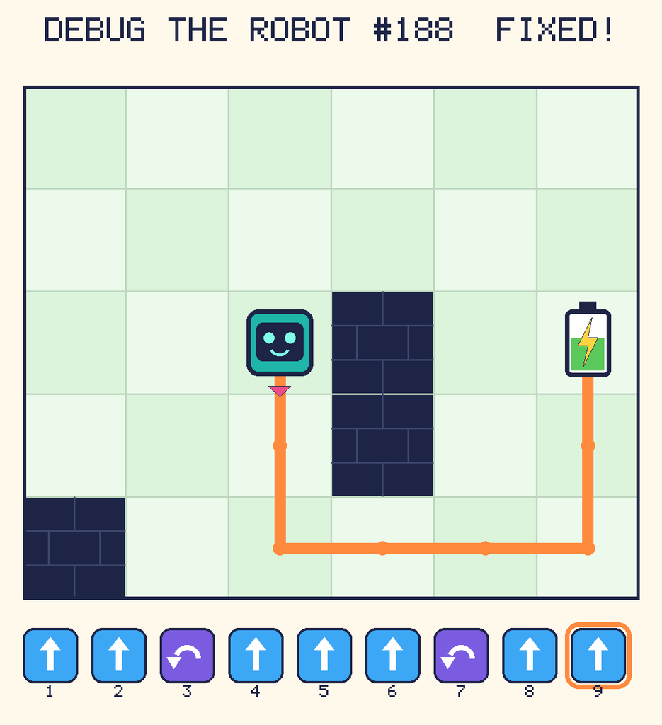 The fixed program, with Beep's route to the battery drawn as an orange line.