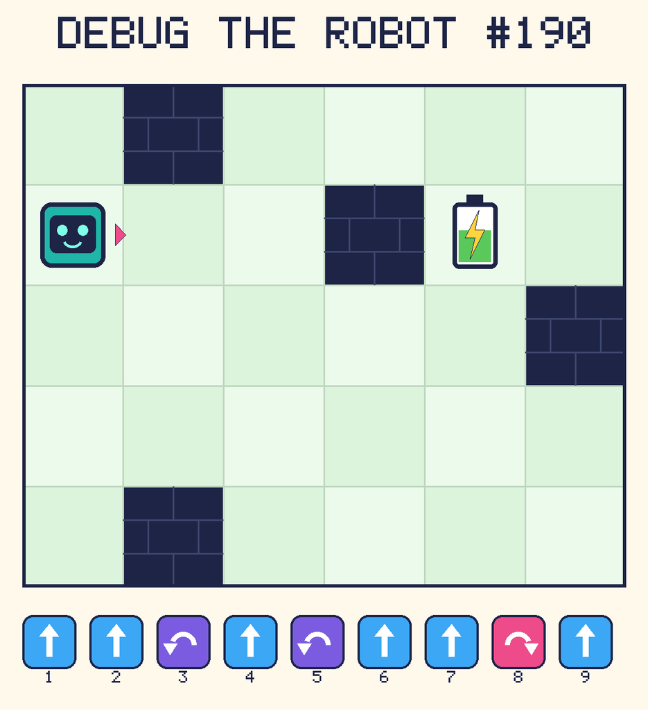 Debug the Robot 190. Beep starts at column 1, row 2, facing right. The battery is at column 5, row 2. Grid squares are counted from the top-left corner. Dark brick squares are walls.