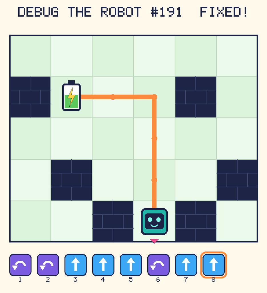 The fixed program, with Beep's route to the battery drawn as an orange line.