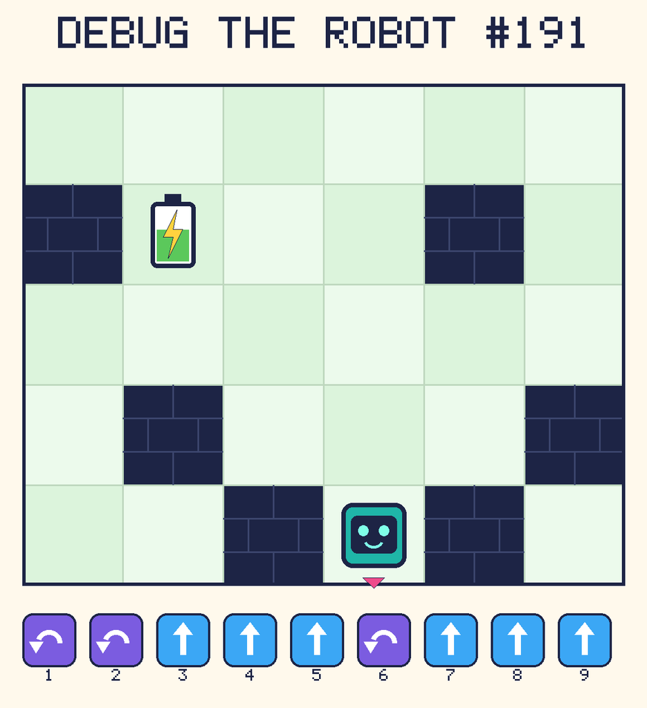 Debug the Robot 191. Beep starts at column 4, row 5, facing down. The battery is at column 2, row 2. Grid squares are counted from the top-left corner. Dark brick squares are walls.