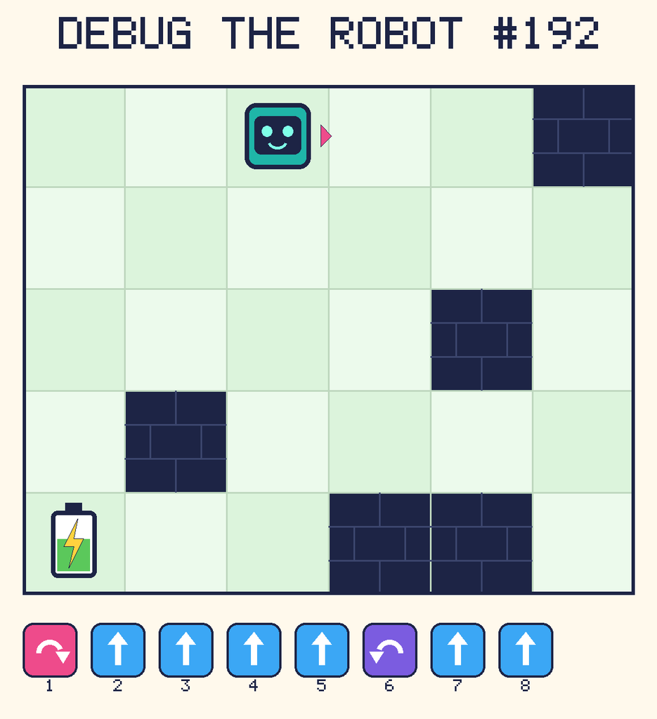 Debug the Robot 192. Beep starts at column 3, row 1, facing right. The battery is at column 1, row 5. Grid squares are counted from the top-left corner. Dark brick squares are walls.