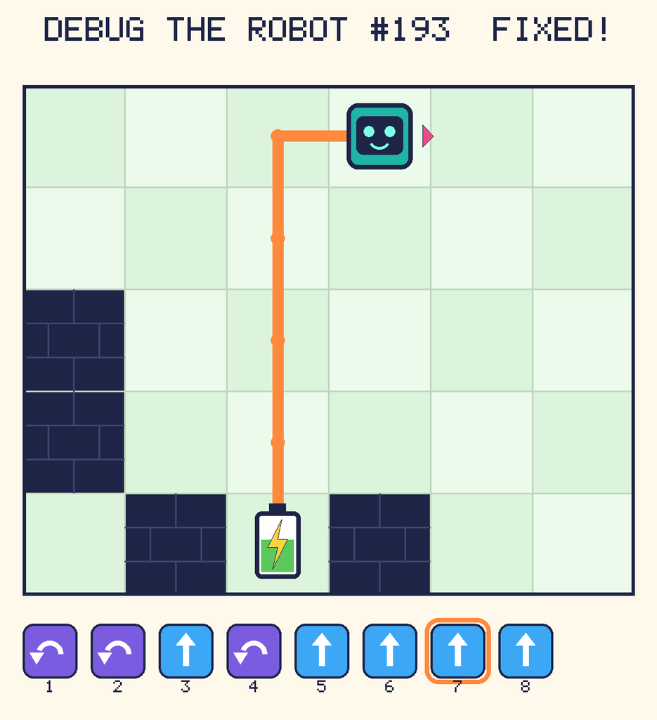 The fixed program, with Beep's route to the battery drawn as an orange line.