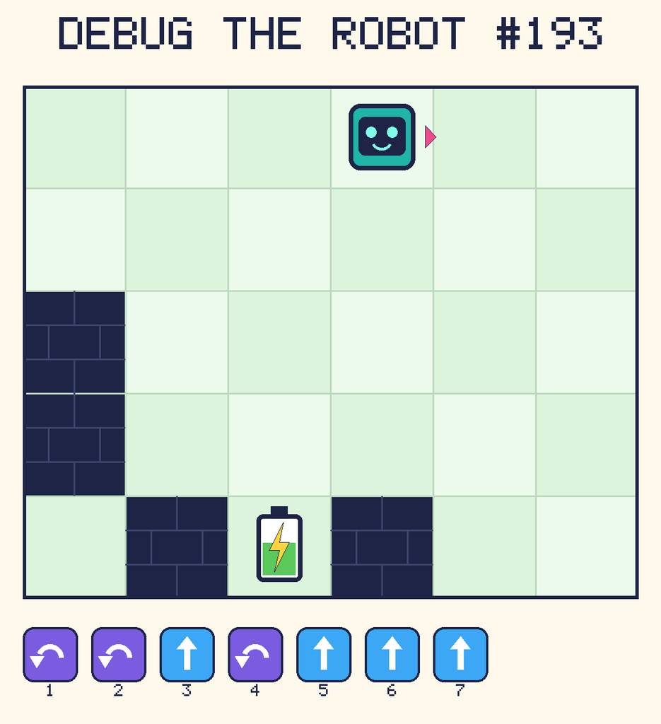 Debug the Robot 193. Beep starts at column 4, row 1, facing right. The battery is at column 3, row 5. Grid squares are counted from the top-left corner. Dark brick squares are walls.
