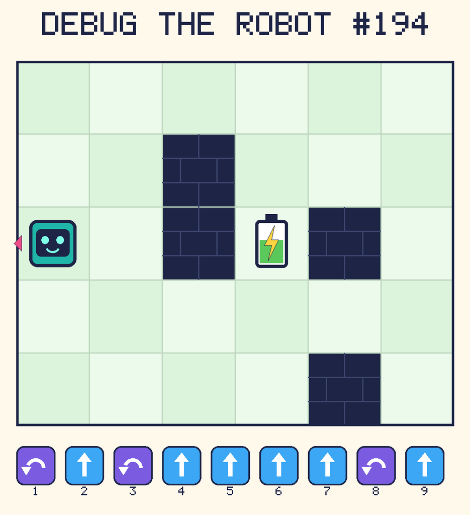 Debug the Robot 194. Beep starts at column 1, row 3, facing left. The battery is at column 4, row 3. Grid squares are counted from the top-left corner. Dark brick squares are walls.