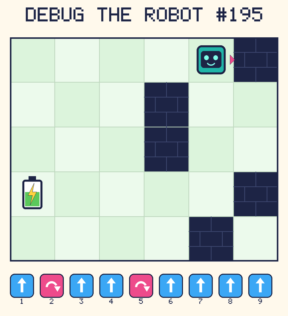 Debug the Robot 195. Beep starts at column 5, row 1, facing right. The battery is at column 1, row 4. Grid squares are counted from the top-left corner. Dark brick squares are walls.