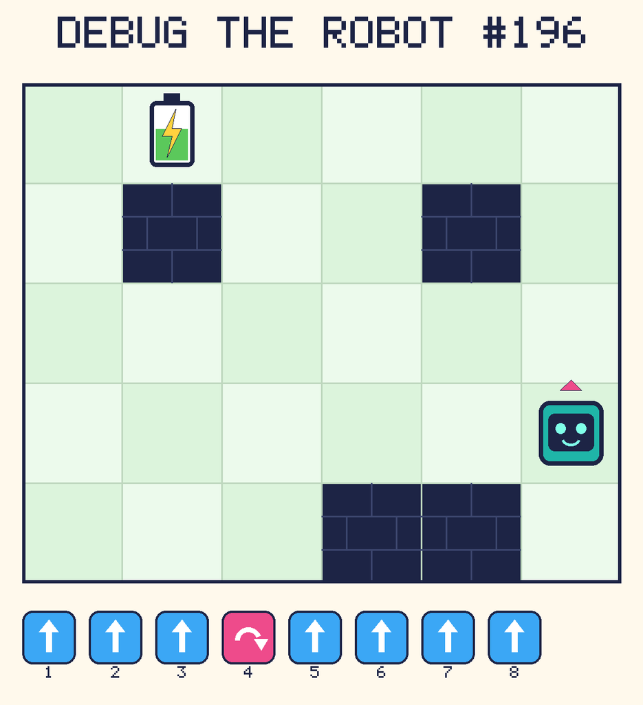 Debug the Robot 196. Beep starts at column 6, row 4, facing up. The battery is at column 2, row 1. Grid squares are counted from the top-left corner. Dark brick squares are walls.