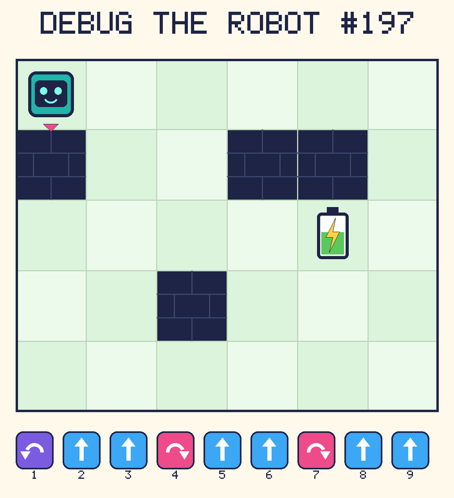 Debug the Robot 197. Beep starts at column 1, row 1, facing down. The battery is at column 5, row 3. Grid squares are counted from the top-left corner. Dark brick squares are walls.