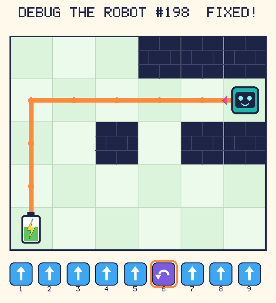 The fixed program, with Beep's route to the battery drawn as an orange line.
