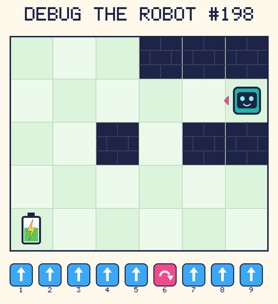 Debug the Robot 198. Beep starts at column 6, row 2, facing left. The battery is at column 1, row 5. Grid squares are counted from the top-left corner. Dark brick squares are walls.
