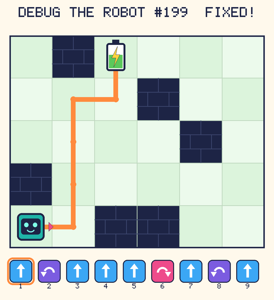 The fixed program, with Beep's route to the battery drawn as an orange line.