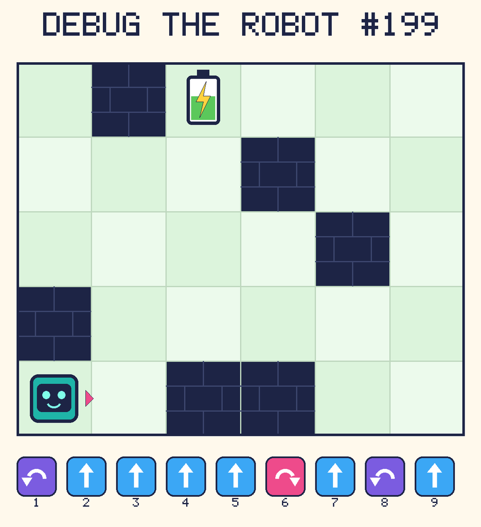 Debug the Robot 199. Beep starts at column 1, row 5, facing right. The battery is at column 3, row 1. Grid squares are counted from the top-left corner. Dark brick squares are walls.