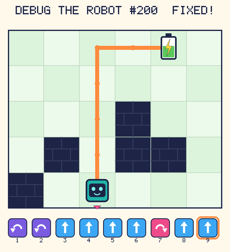 The fixed program, with Beep's route to the battery drawn as an orange line.