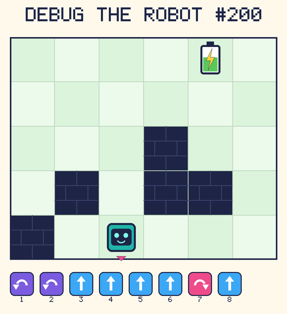 Debug the Robot 200. Beep starts at column 3, row 5, facing down. The battery is at column 5, row 1. Grid squares are counted from the top-left corner. Dark brick squares are walls.