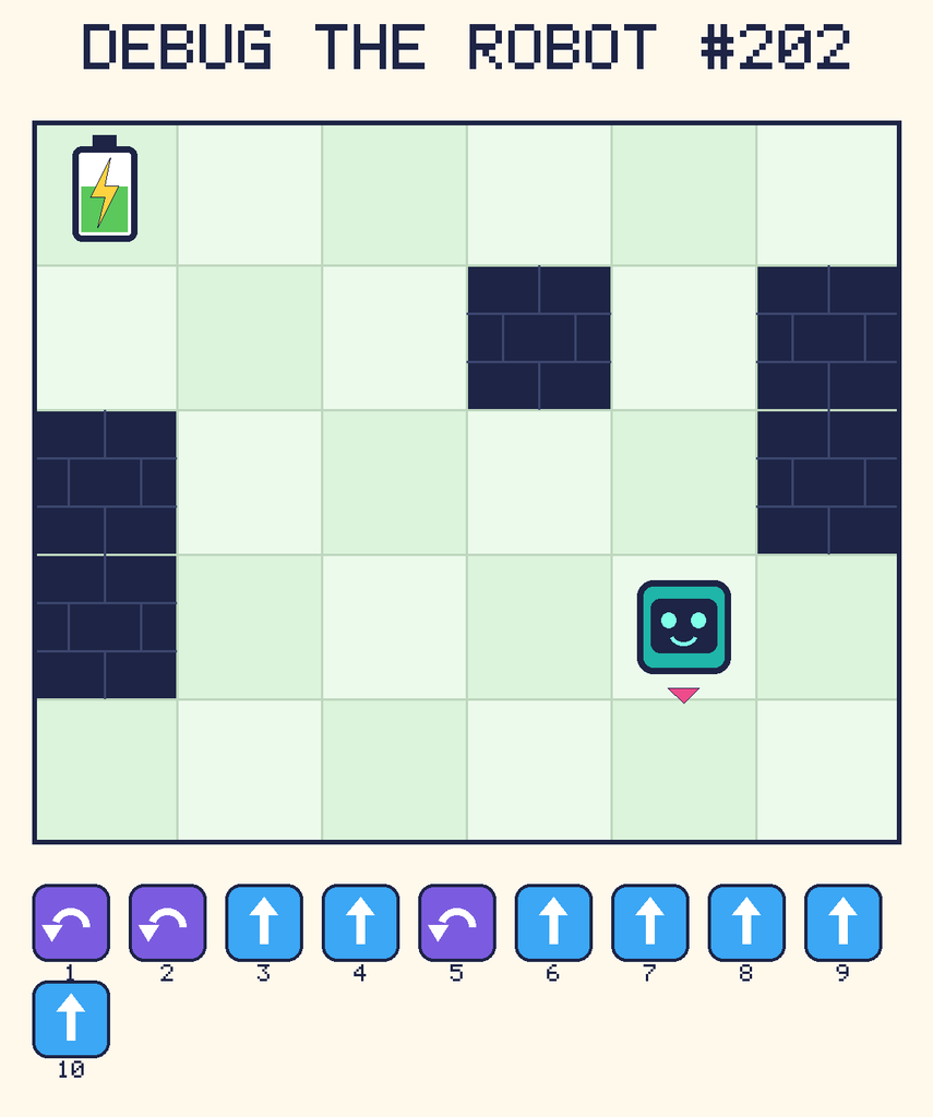 Debug the Robot 202. Beep starts at column 5, row 4, facing down. The battery is at column 1, row 1. Grid squares are counted from the top-left corner. Dark brick squares are walls.