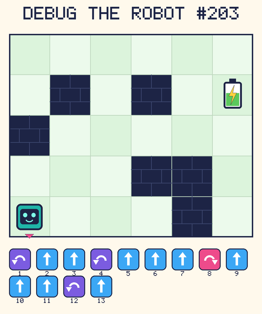 Debug the Robot 203. Beep starts at column 1, row 5, facing down. The battery is at column 6, row 2. Grid squares are counted from the top-left corner. Dark brick squares are walls.