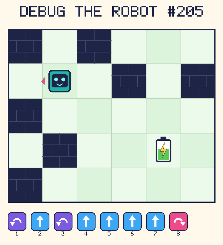 Debug the Robot 205. Beep starts at column 2, row 2, facing left. The battery is at column 5, row 4. Grid squares are counted from the top-left corner. Dark brick squares are walls.