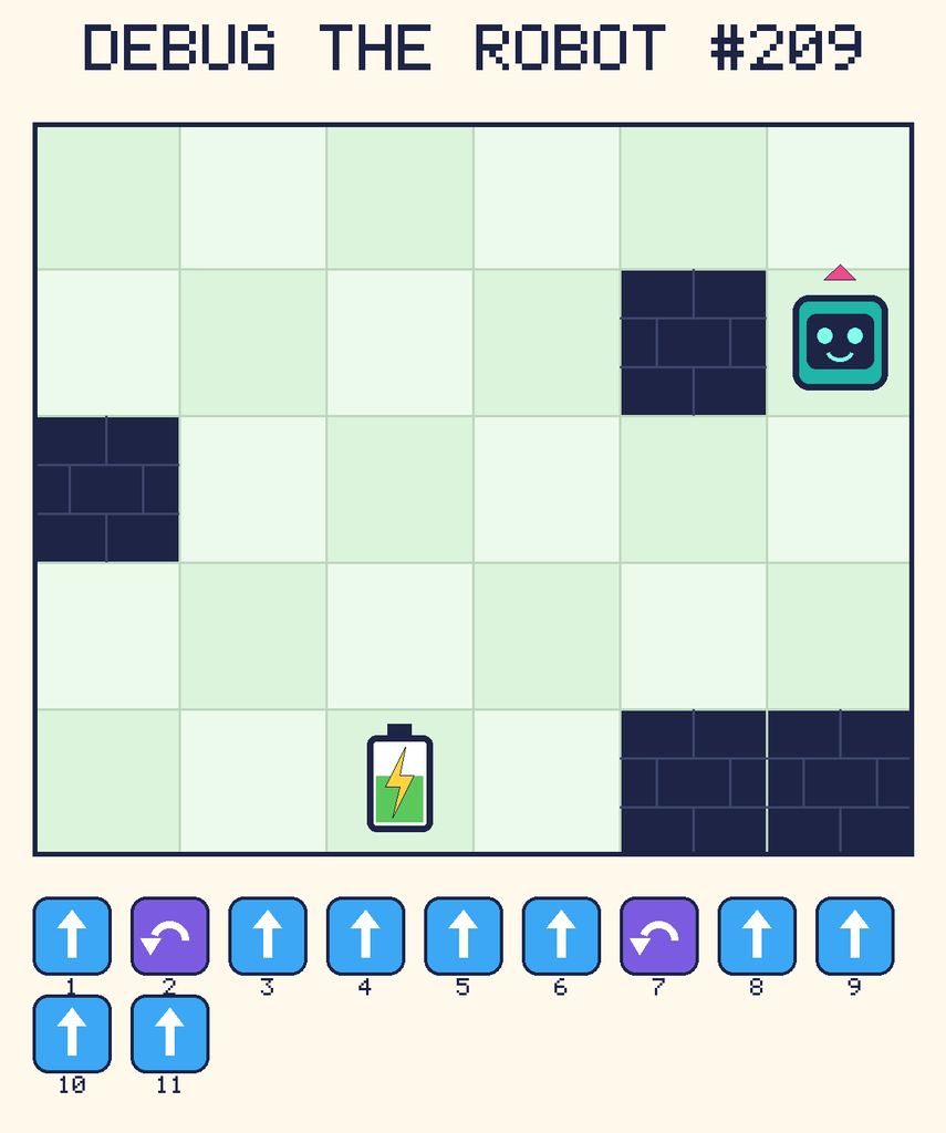 Debug the Robot 209. Beep starts at column 6, row 2, facing up. The battery is at column 3, row 5. Grid squares are counted from the top-left corner. Dark brick squares are walls.