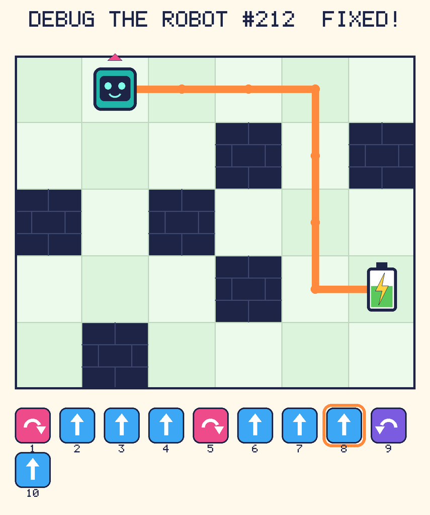 The fixed program, with Beep's route to the battery drawn as an orange line.