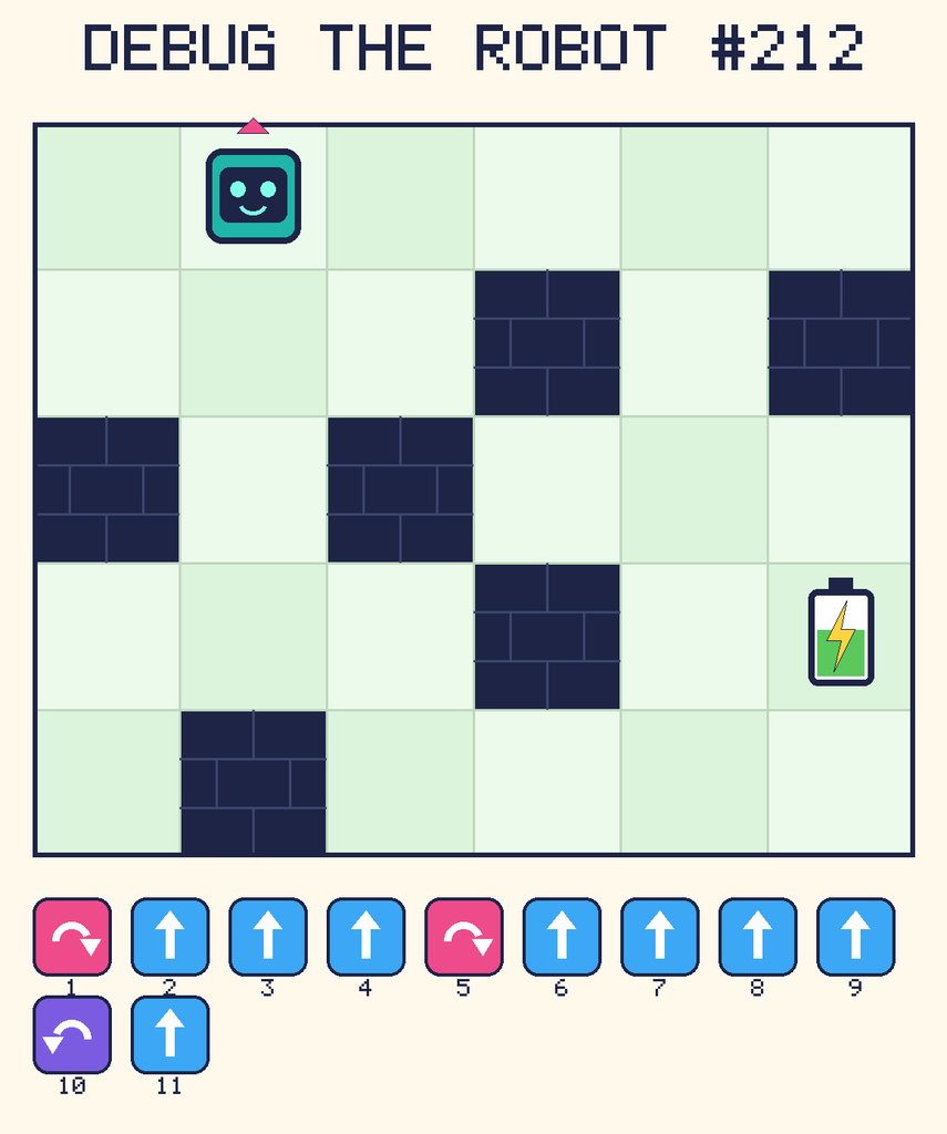 Debug the Robot 212. Beep starts at column 2, row 1, facing up. The battery is at column 6, row 4. Grid squares are counted from the top-left corner. Dark brick squares are walls.