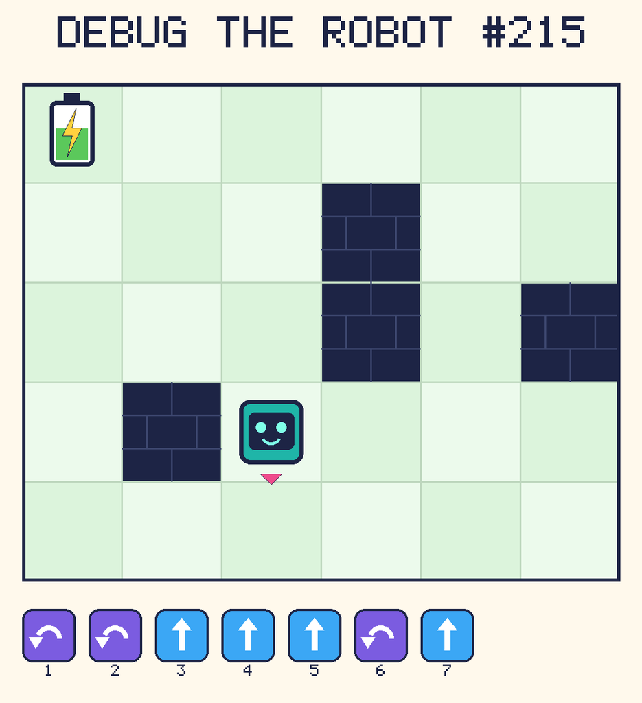 Debug the Robot 215. Beep starts at column 3, row 4, facing down. The battery is at column 1, row 1. Grid squares are counted from the top-left corner. Dark brick squares are walls.