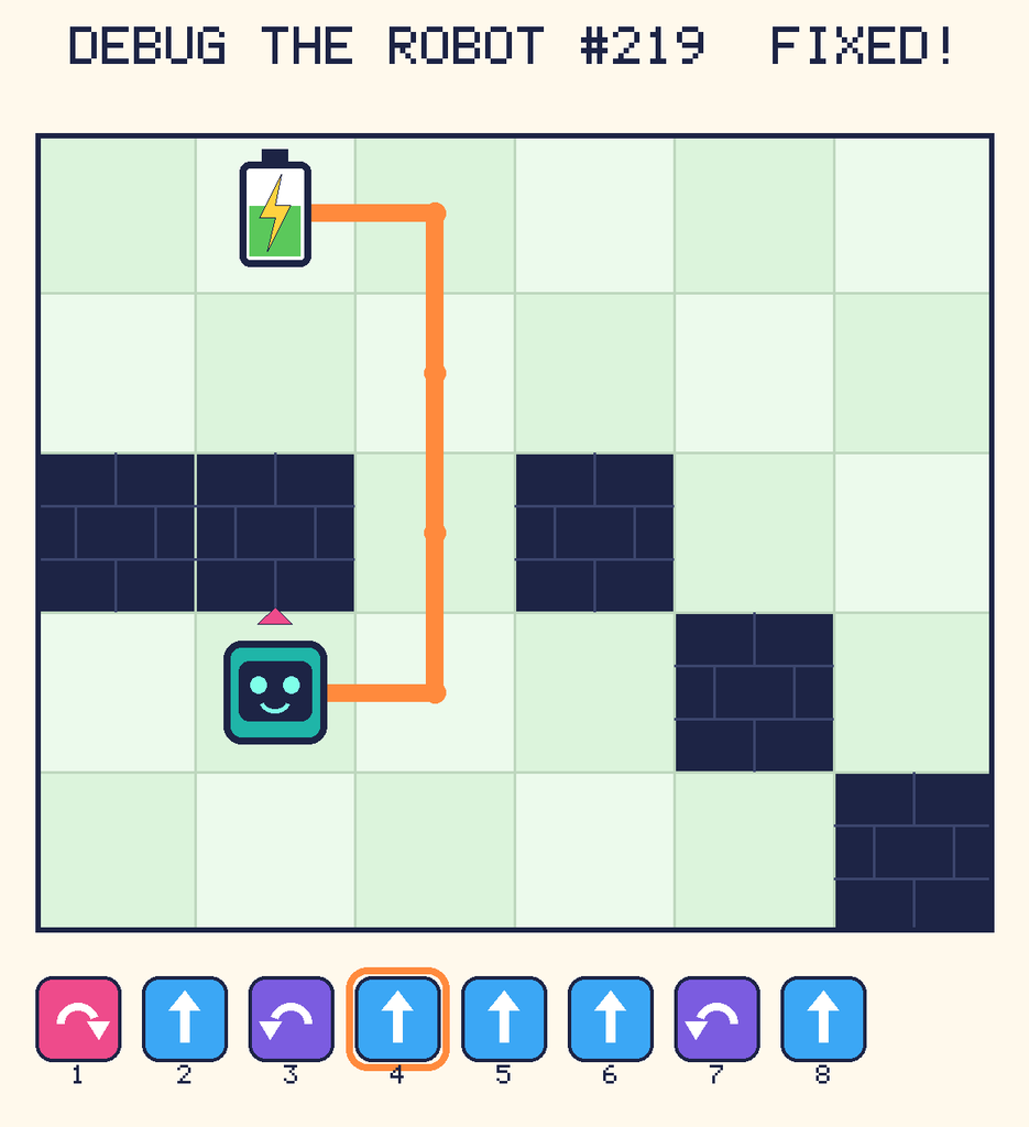 The fixed program, with Beep's route to the battery drawn as an orange line.