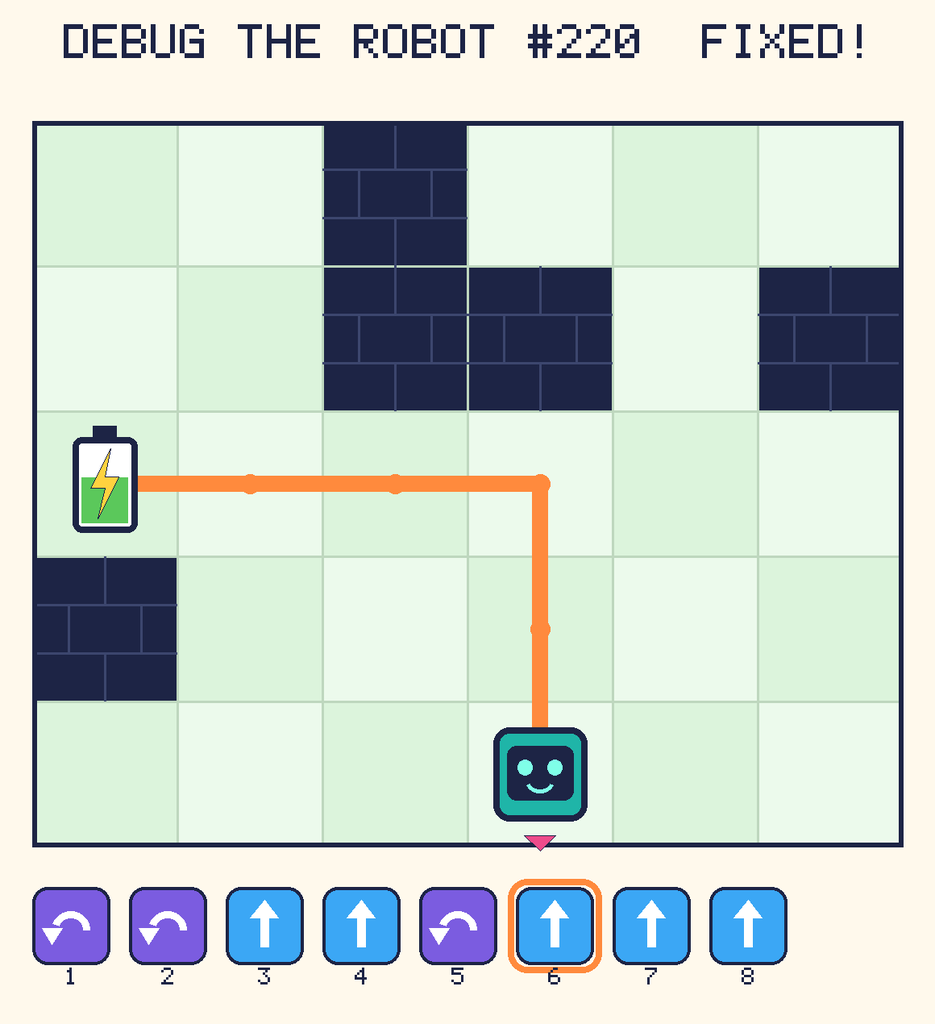 The fixed program, with Beep's route to the battery drawn as an orange line.