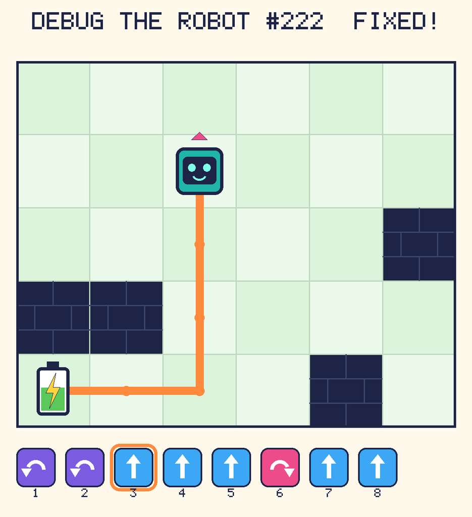 The fixed program, with Beep's route to the battery drawn as an orange line.
