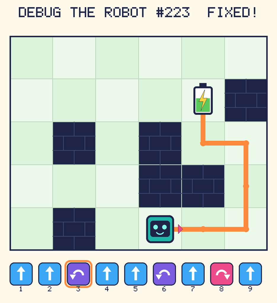 The fixed program, with Beep's route to the battery drawn as an orange line.