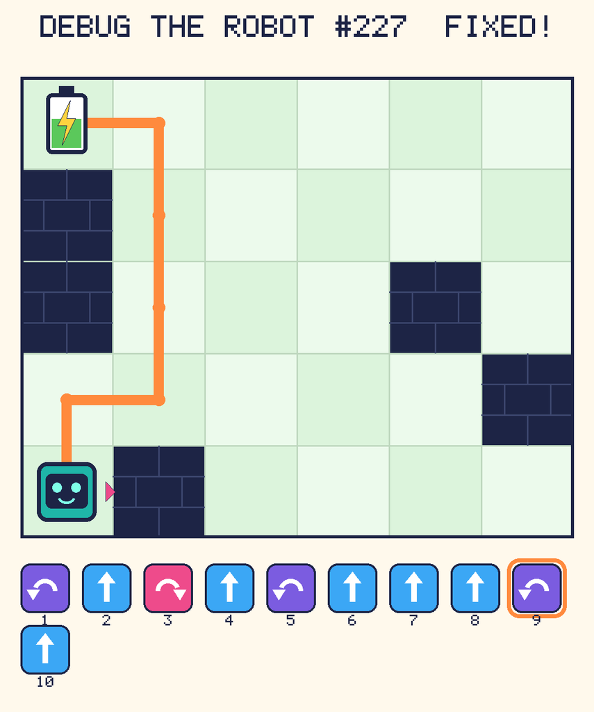 The fixed program, with Beep's route to the battery drawn as an orange line.